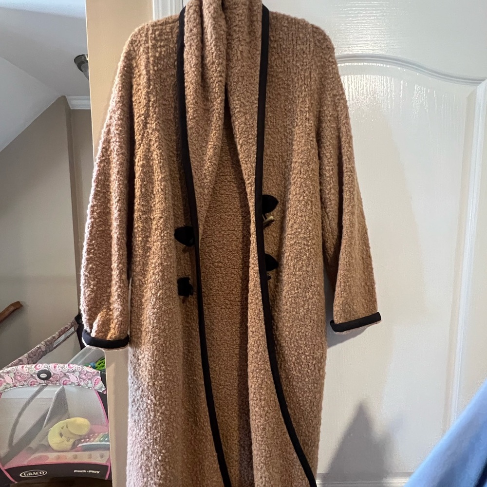 The Westside by Sari Sloane Wool and Alpaca Sweater Coat in Camel w/ Black Trim